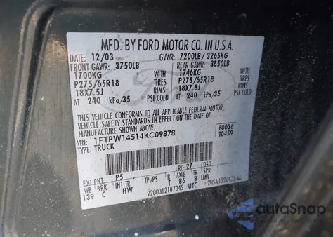 2004 Ford F-150 Fx4/Lariat/Xlt from USA, damaged, VIN 1FTPW14514KC09878